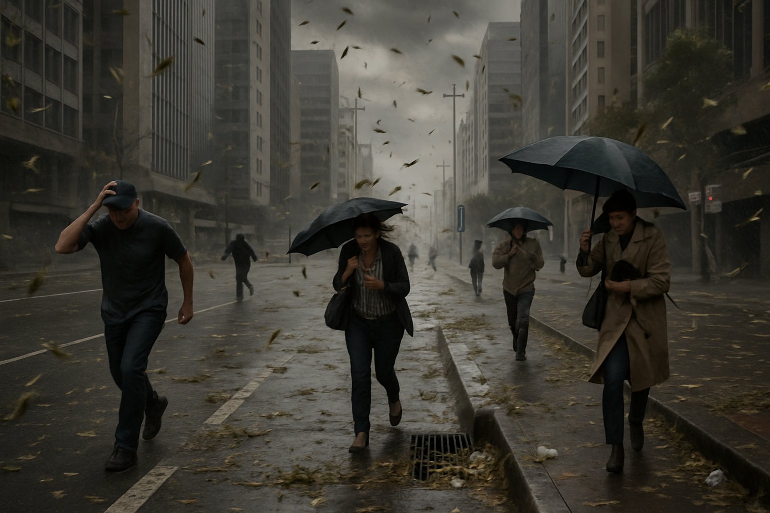 Rua movimentada em São Paulo com vento forte, folhas e galhos bloqueando bueiros e pessoas se protegendo do vento.