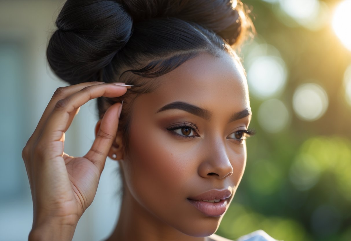 A young woman outdoors on a sunny day gently touching her smooth, well-maintained hairline.