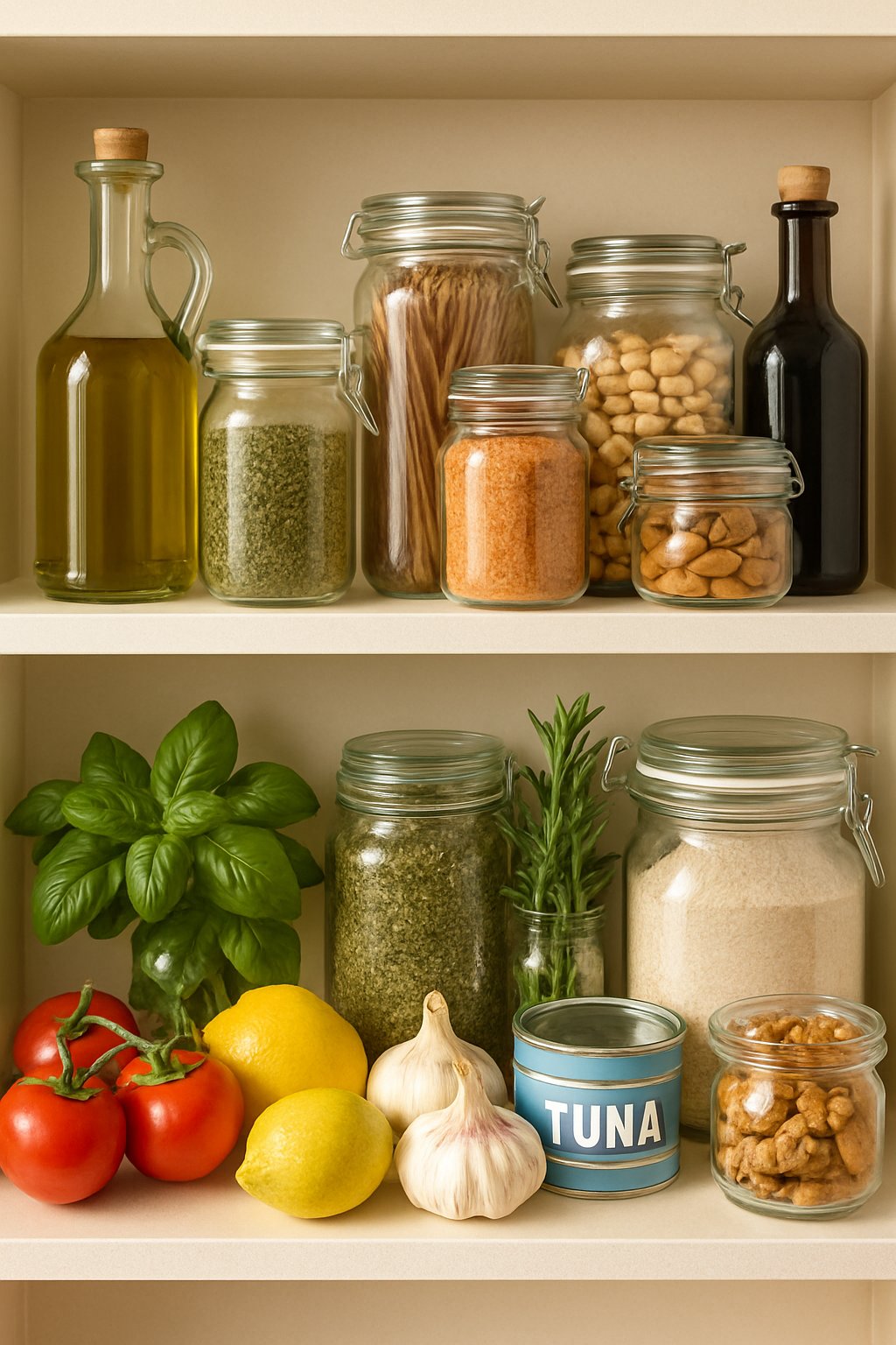 Organized pantry shelves stocked with Mediterranean diet staples including olive oil, dried herbs, pasta, legumes, fresh tomatoes, lemons, garlic, and fresh herbs.