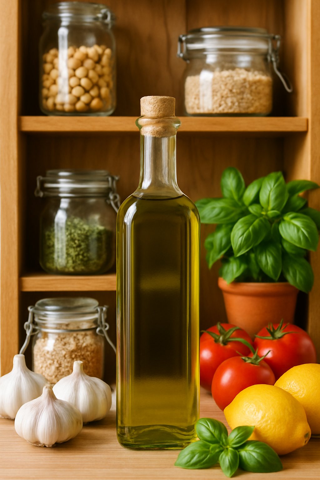 A kitchen pantry shelf with a bottle of extra virgin olive oil surrounded by fresh vegetables, herbs, and pantry staples.