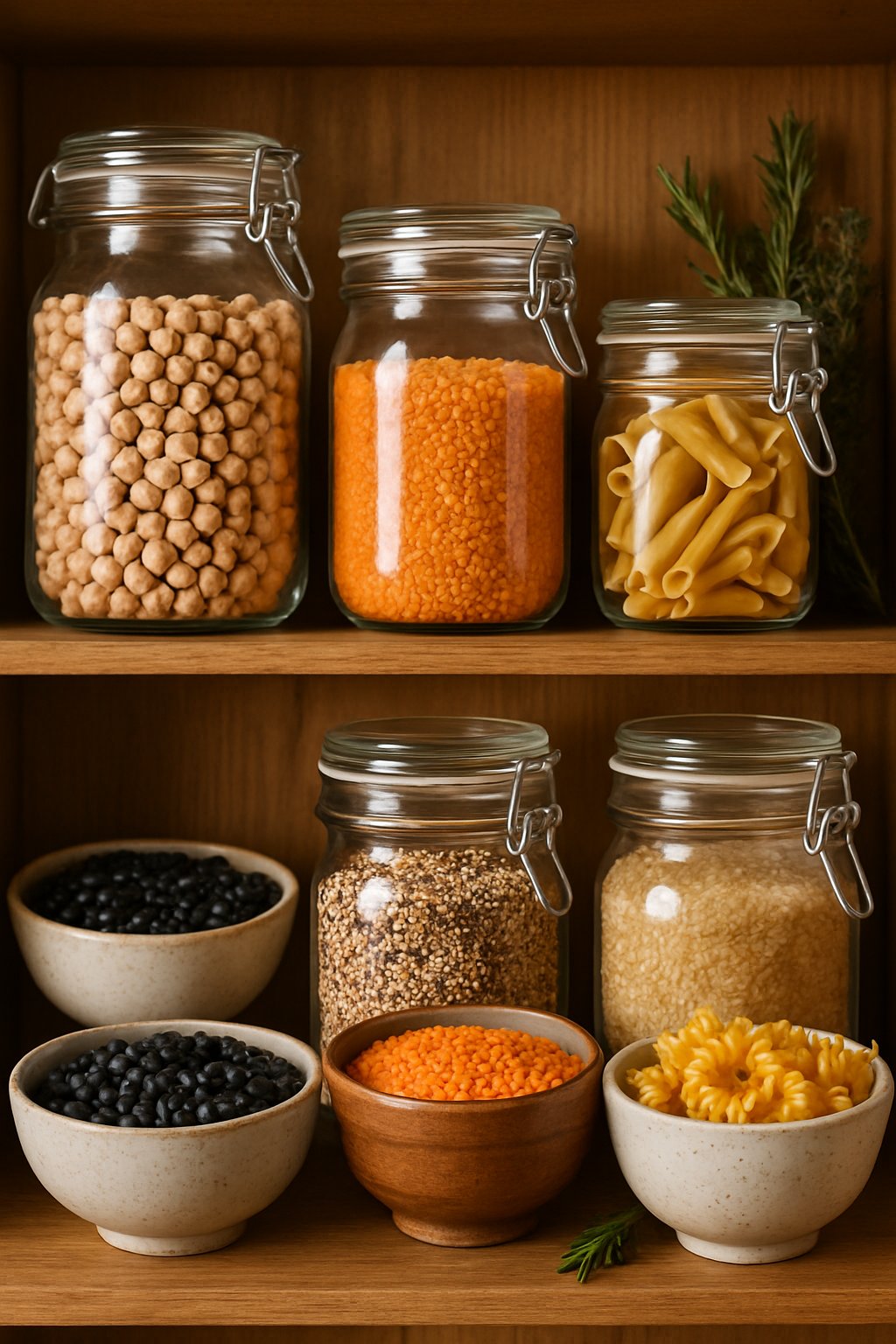 A pantry shelf neatly stocked with jars and bowls of legumes, grains, and pasta, along with fresh herbs.