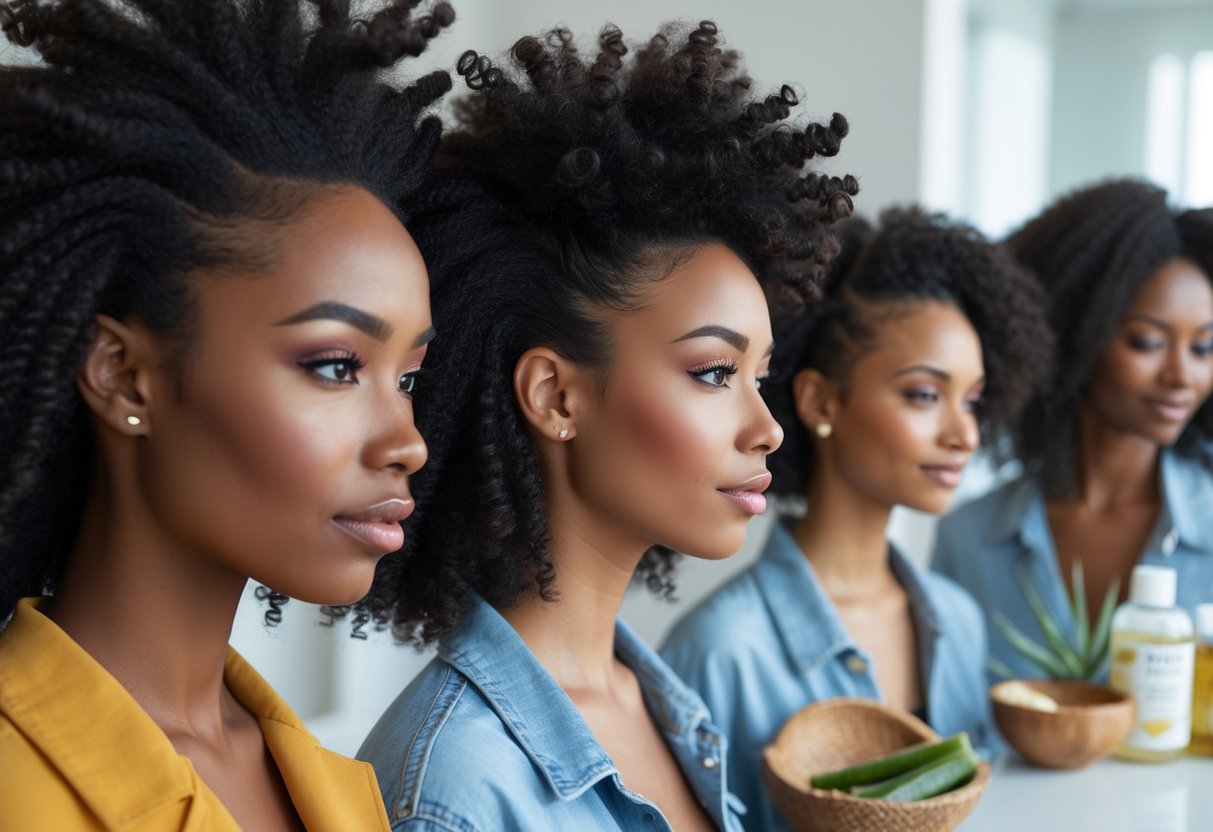 Close-up of women with natural 4C hair showing smooth, styled edges in a bright, clean setting with natural ingredients in the background.