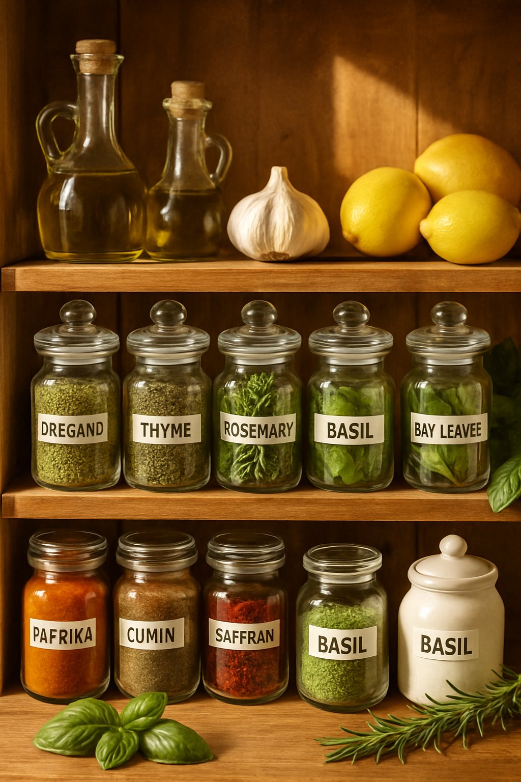 A kitchen pantry shelf displaying jars of herbs and spices with fresh herbs and Mediterranean cooking ingredients on a wooden countertop.