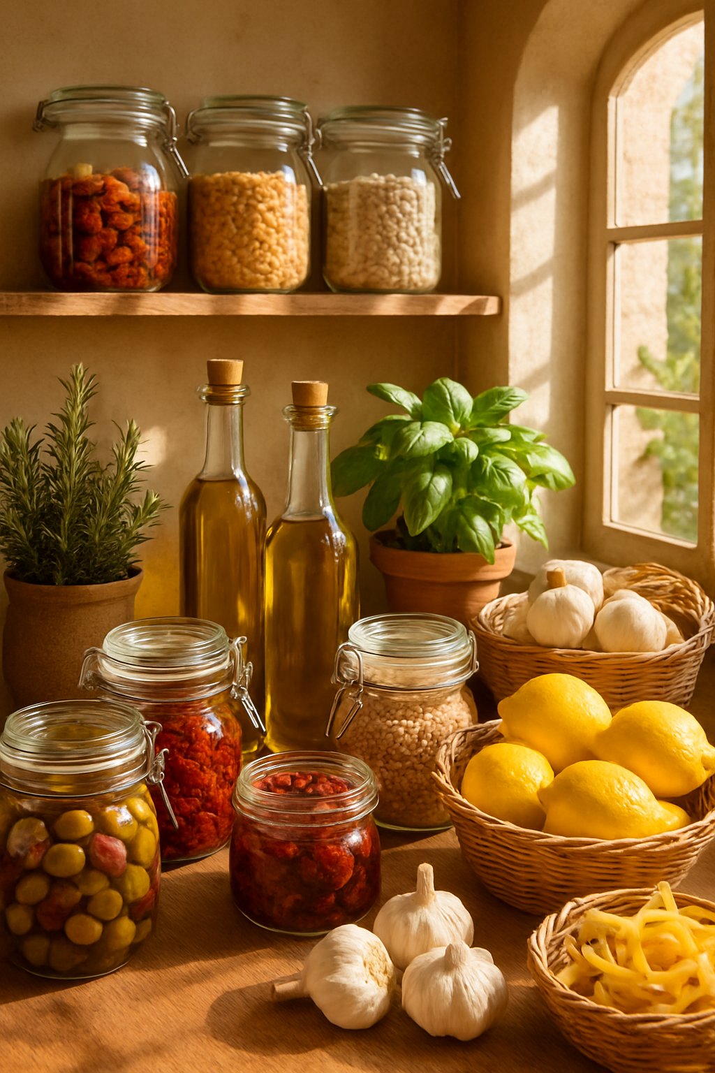 A sunlit Mediterranean kitchen pantry with jars of olives, sun-dried tomatoes, olive oil bottles, fresh herbs, lemons, garlic, and dried pasta arranged neatly on shelves.