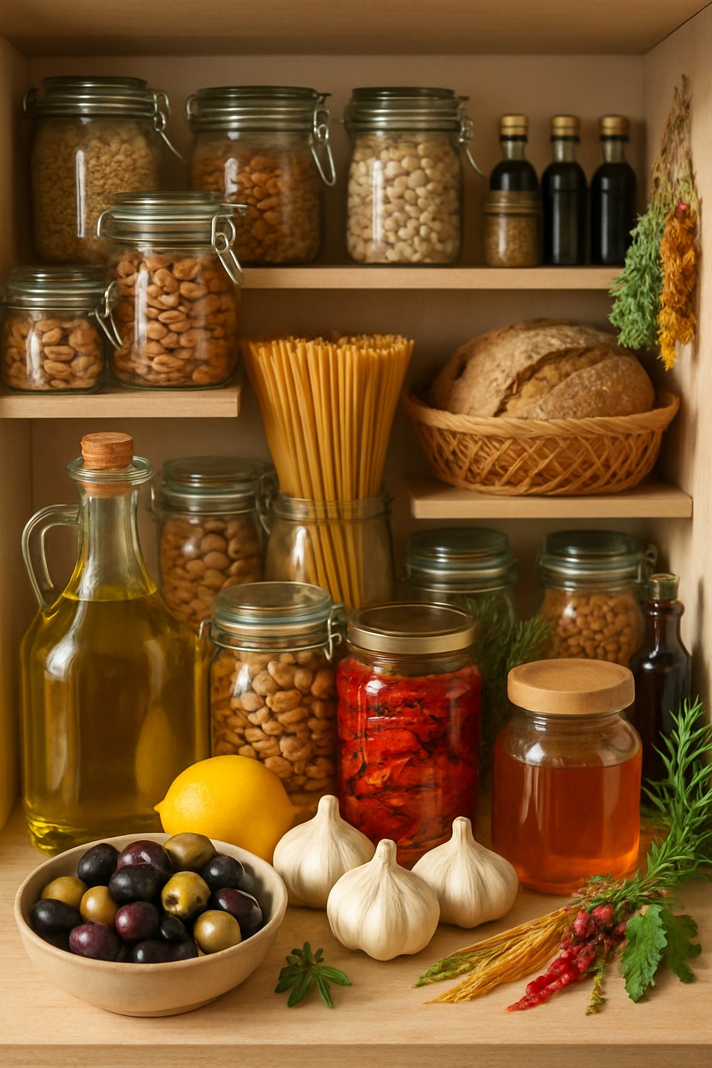 A neatly organized kitchen pantry with jars of olive oil, honey, nuts, dried herbs, fresh olives, lemons, garlic, pasta, and rustic bread arranged on wooden shelves.
