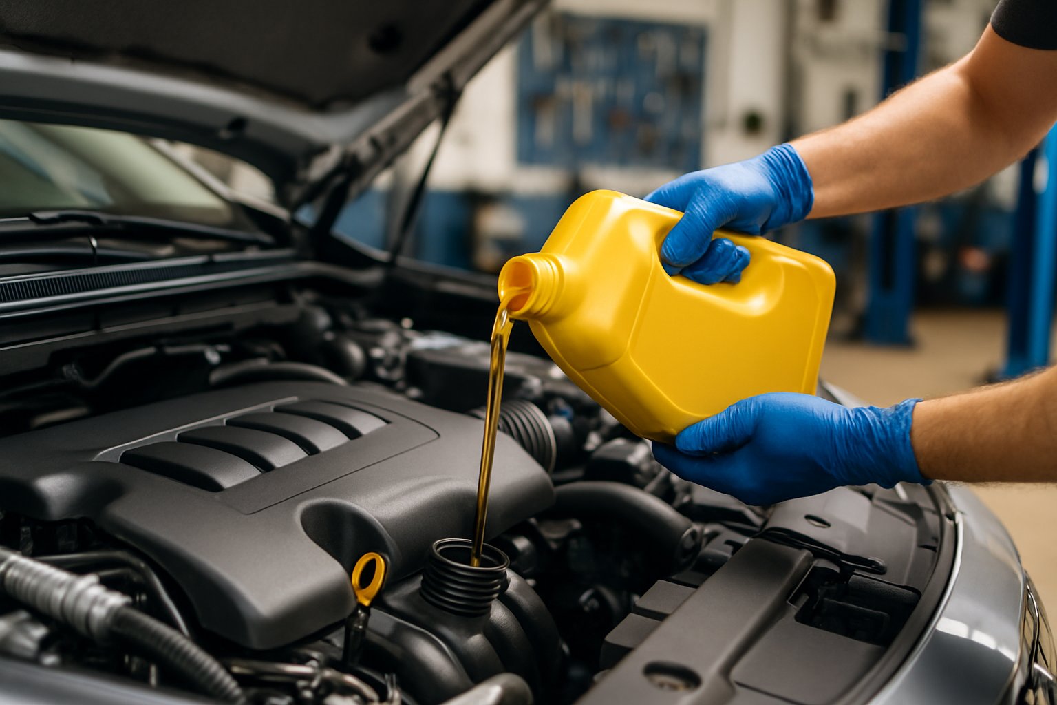 Mechanic pouring fresh motor oil into a car engine in a garage.