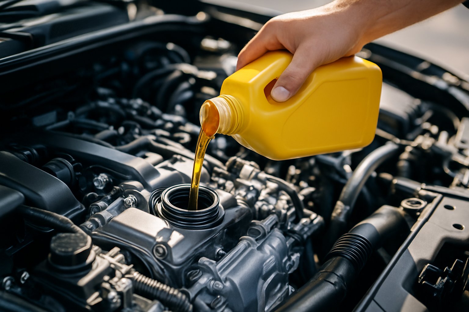 Close-up of a mechanic pouring fresh motor oil into a clean car engine.