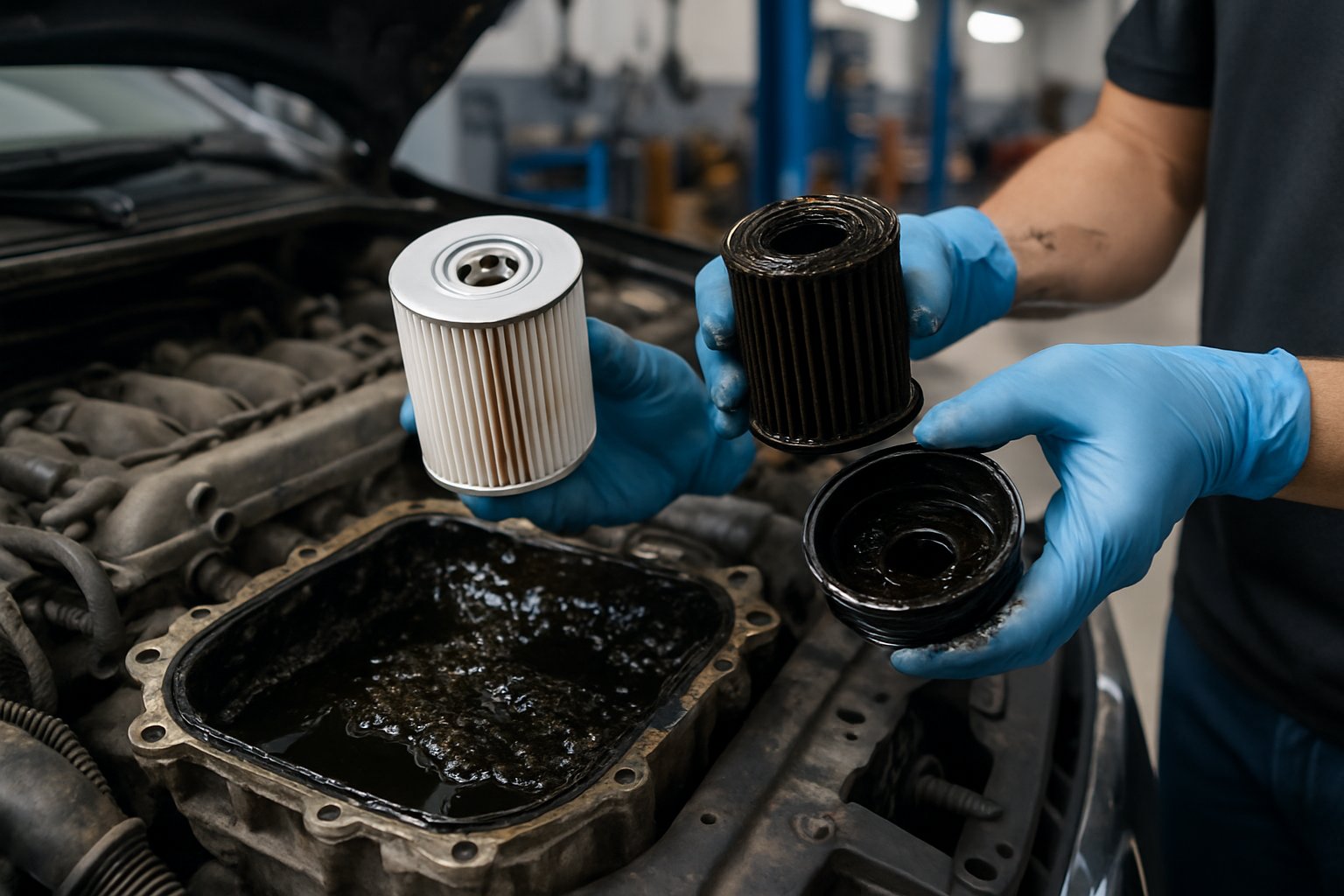 Close-up of a car engine showing dirty oil and a mechanic holding a clean and a used oil filter inside an auto repair shop.
