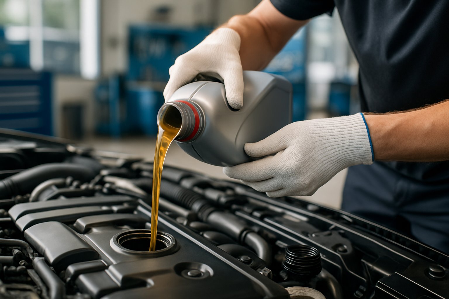 A mechanic pouring fresh motor oil into a clean car engine inside an auto repair shop.