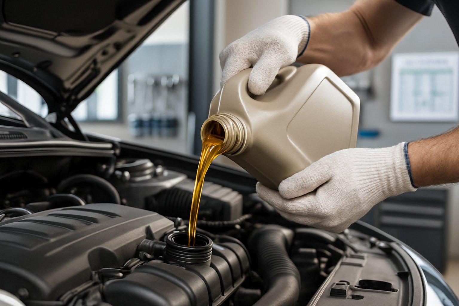 Mechanic pouring fresh engine oil into a car engine in a clean automotive workshop.