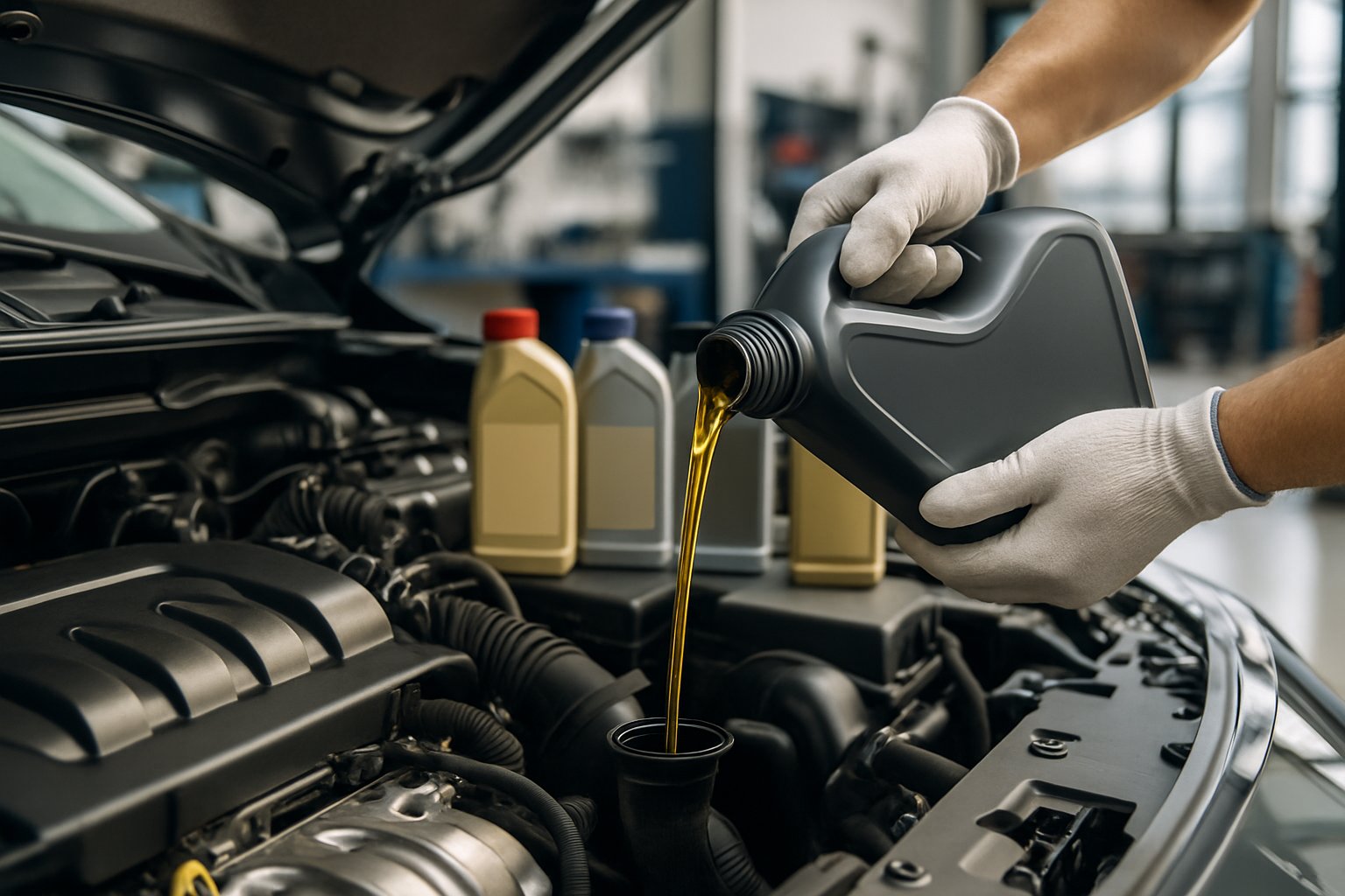 A mechanic pouring fresh motor oil into a car engine with various oil bottles on a workbench in an auto repair shop.