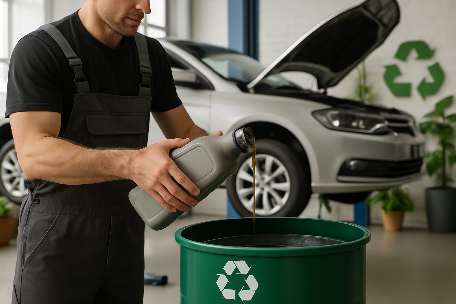 Mechanic pouring used motor oil into a recycling container in a clean automotive workshop with a car on a lift and green plants in the background.