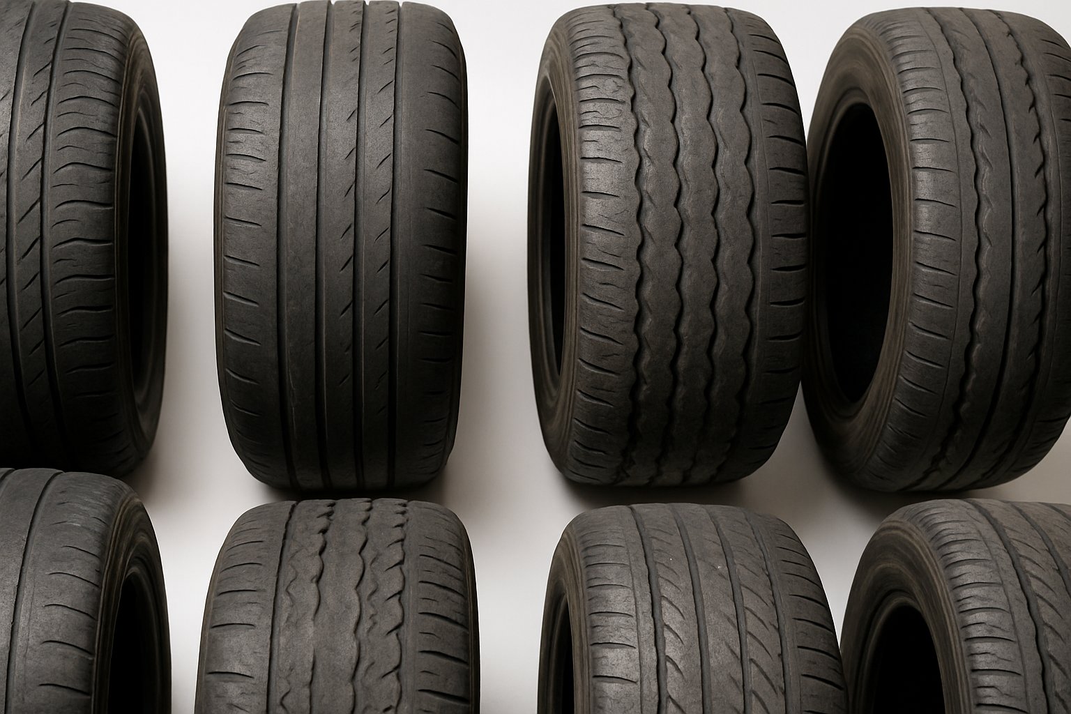Close-up view of several car tires showing different types of tread wear patterns on a white background.