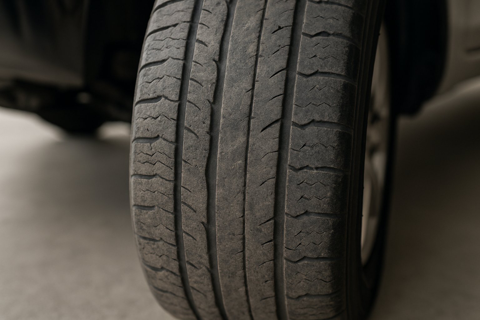 Close-up of a car tire showing different wear patterns on the tread.