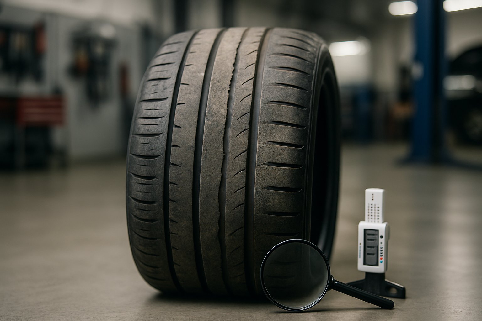 Close-up of a car tire showing different wear patterns with diagnostic tools nearby in an automotive workshop.