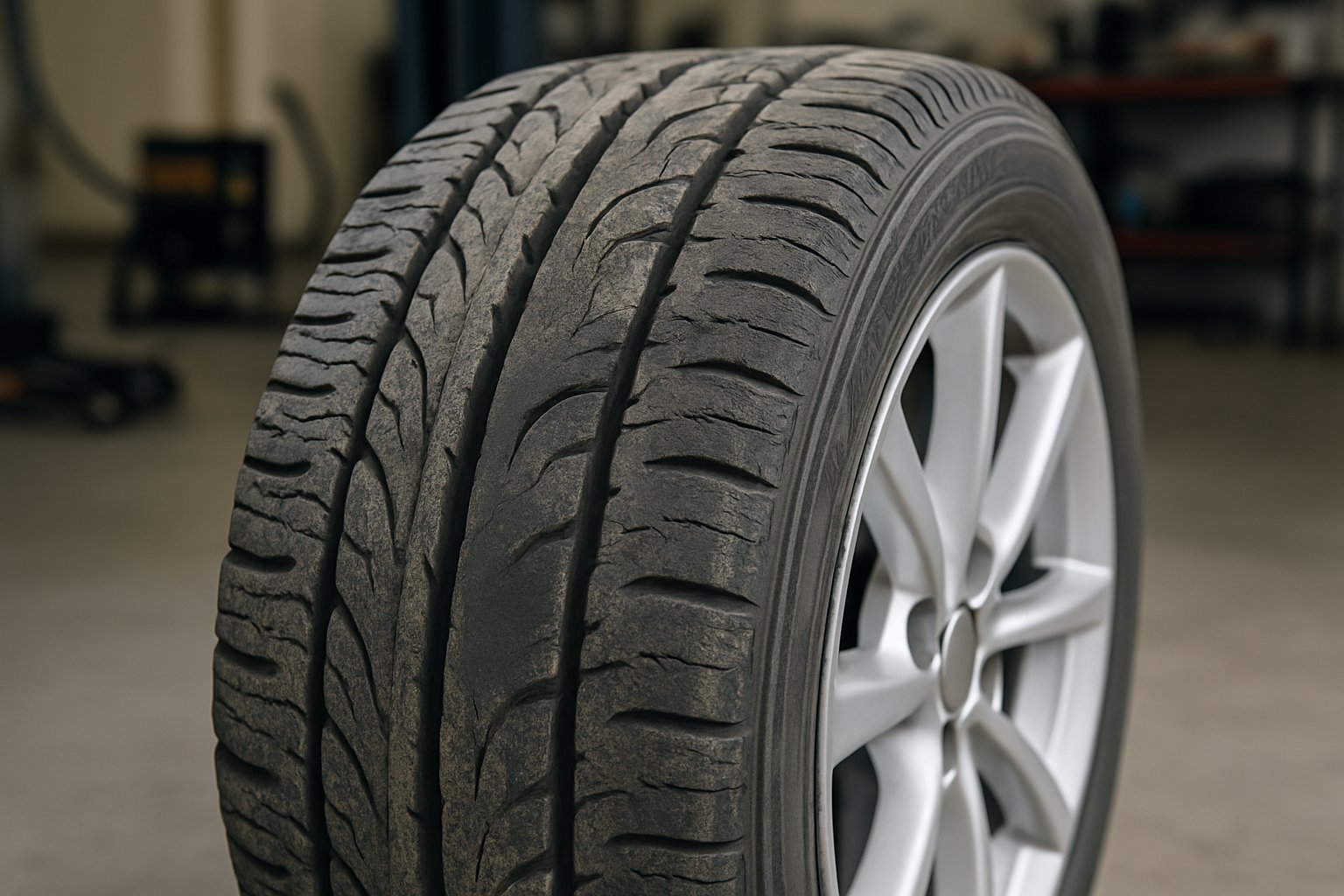 Close-up of a car tire showing different abnormal tire wear patterns with a blurred mechanic's workspace in the background.