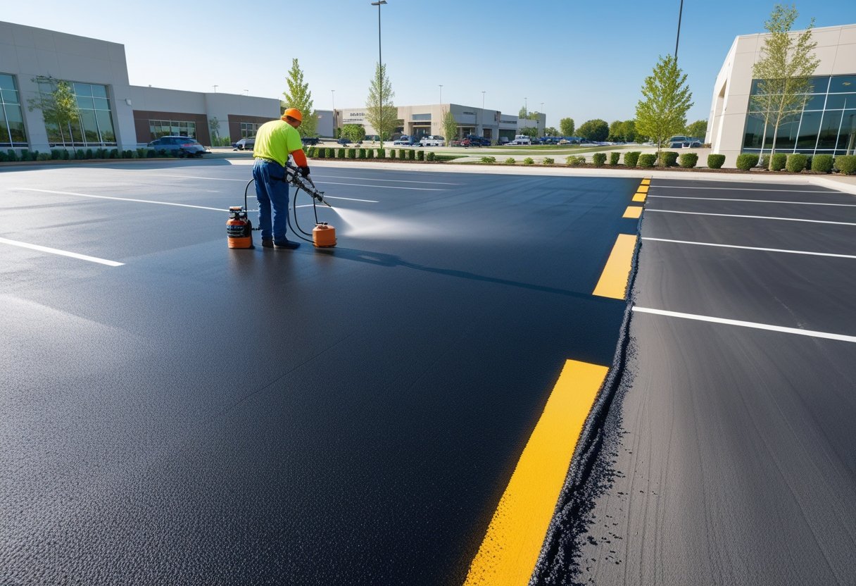 A worker applying sealcoat to a commercial parking lot with modern buildings in the background and a clear contrast between newly sealed and older pavement sections.