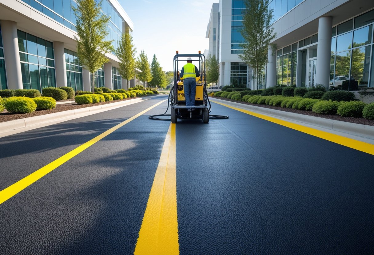 A worker applying sealcoating to a commercial pavement outside modern buildings on a sunny day.