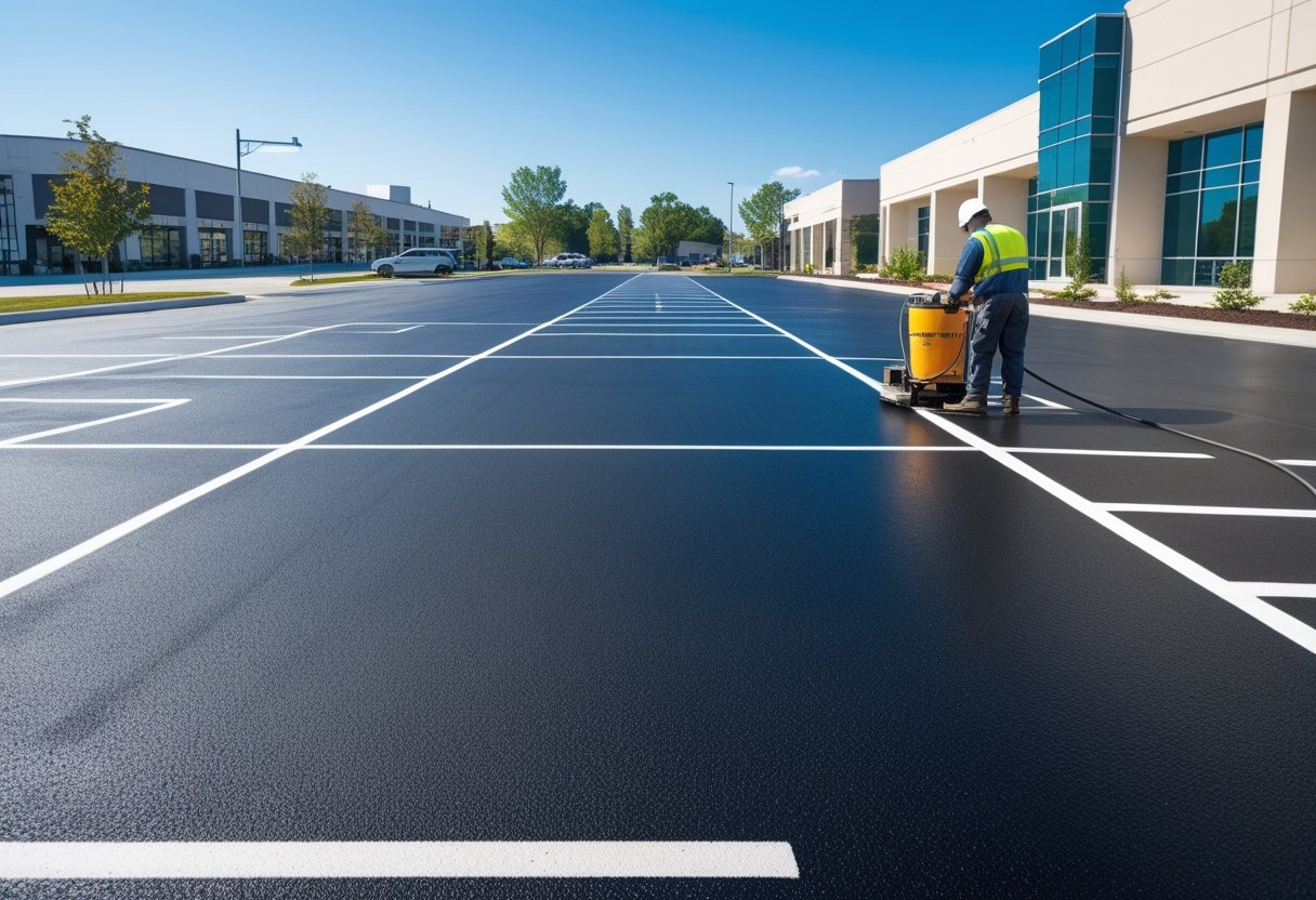 A worker applying sealcoating to a commercial pavement in front of a modern building on a clear day.