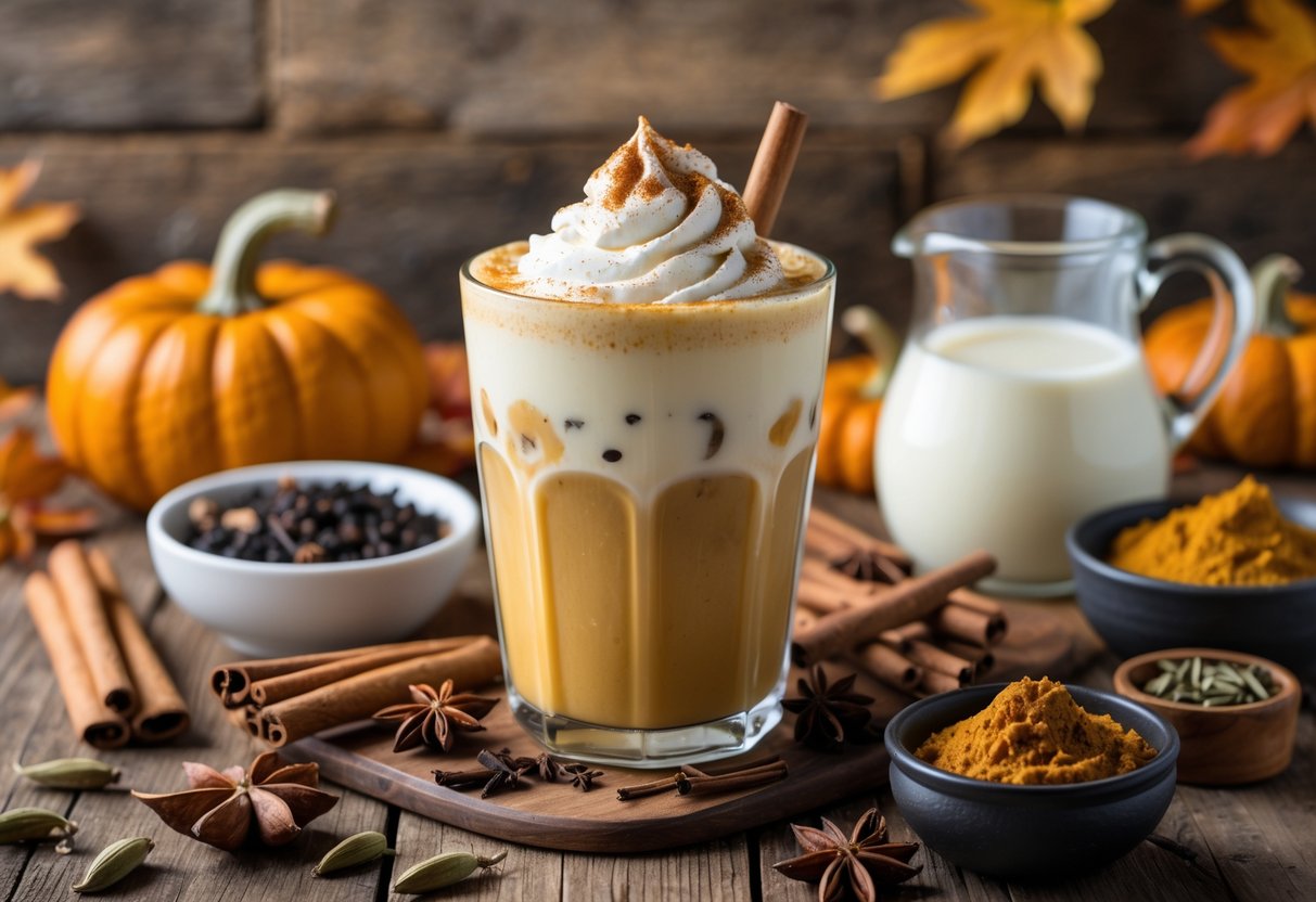 A glass of iced pumpkin chai latte with whipped cream on a wooden table surrounded by spices, pumpkin puree, and autumn decorations.