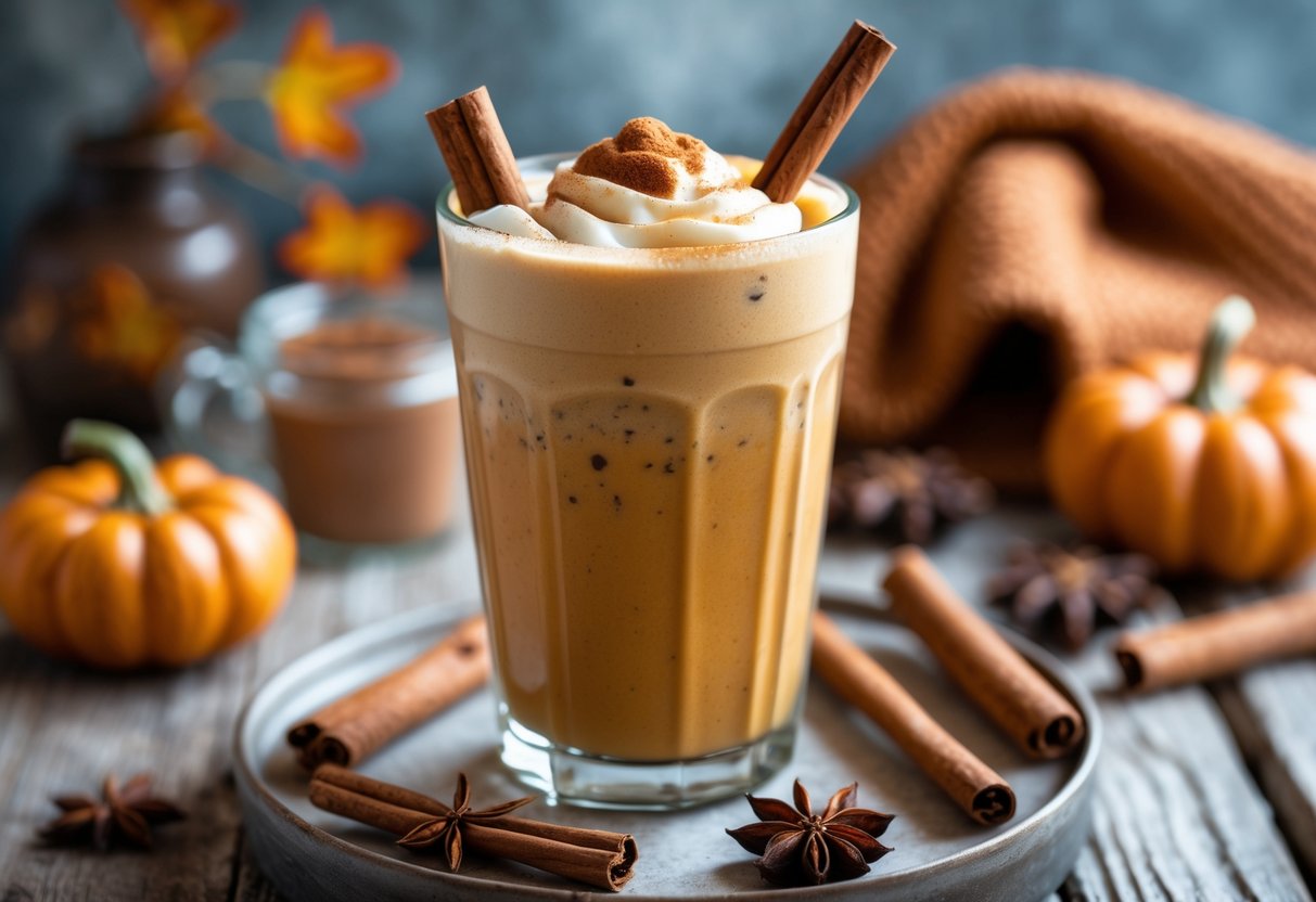 A glass of iced pumpkin chai latte with ice cubes and a cinnamon stick on a wooden surface with autumn spices around it.