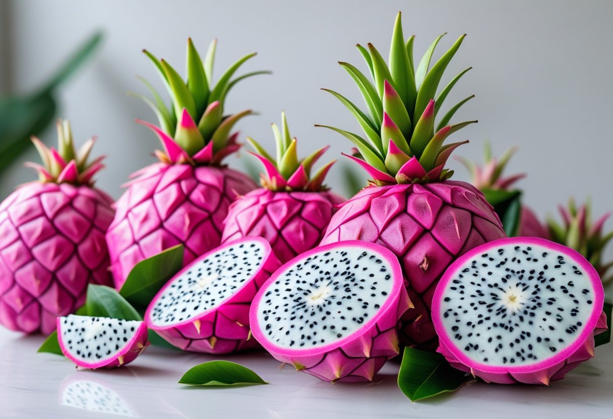 Fresh whole and sliced pitaya dragon fruits displayed on a white surface.