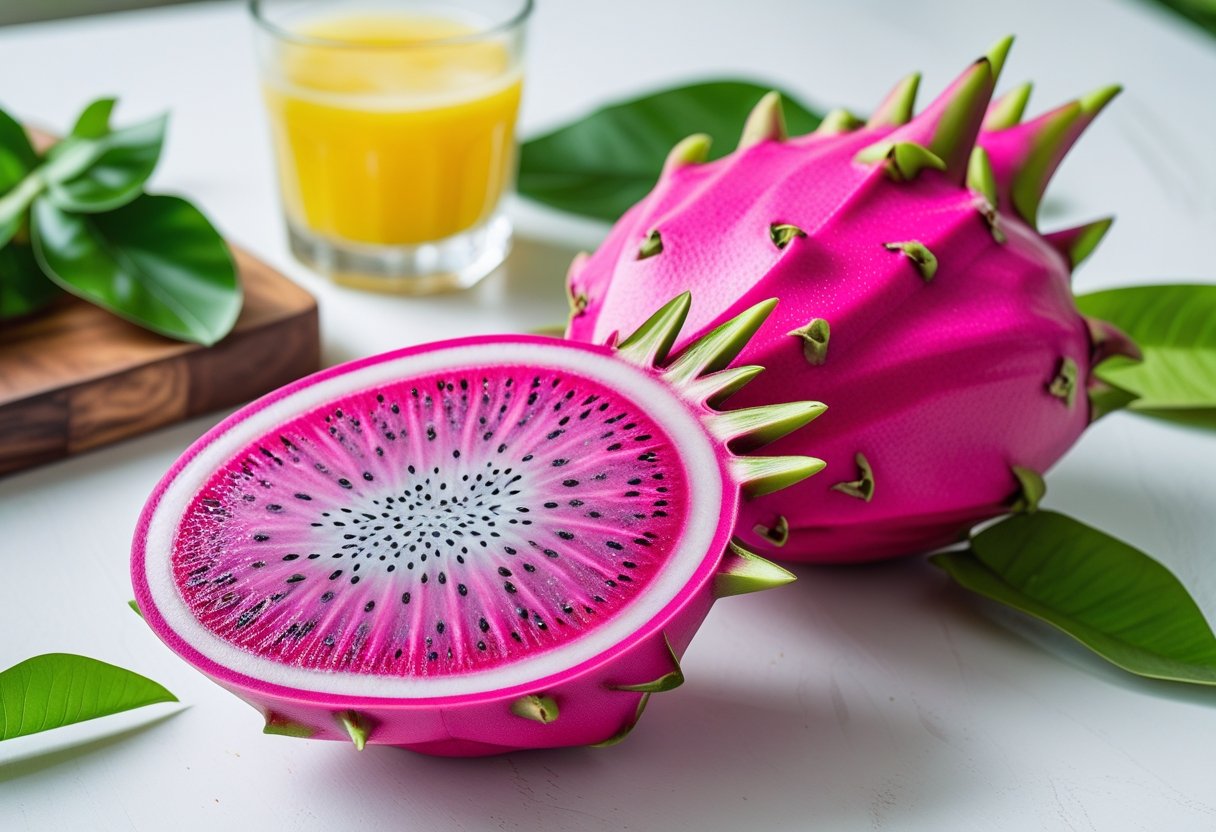 A close-up of a sliced pitaya dragon fruit showing its bright pink skin and white flesh with black seeds on a white surface with green leaves nearby.