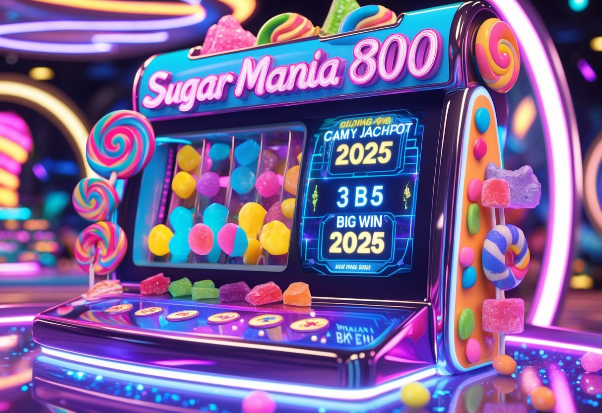 Mesin slot berwarna cerah dengan tema permen dan kristal gula, menampilkan suasana ceria dan angka jackpot yang bersinar.