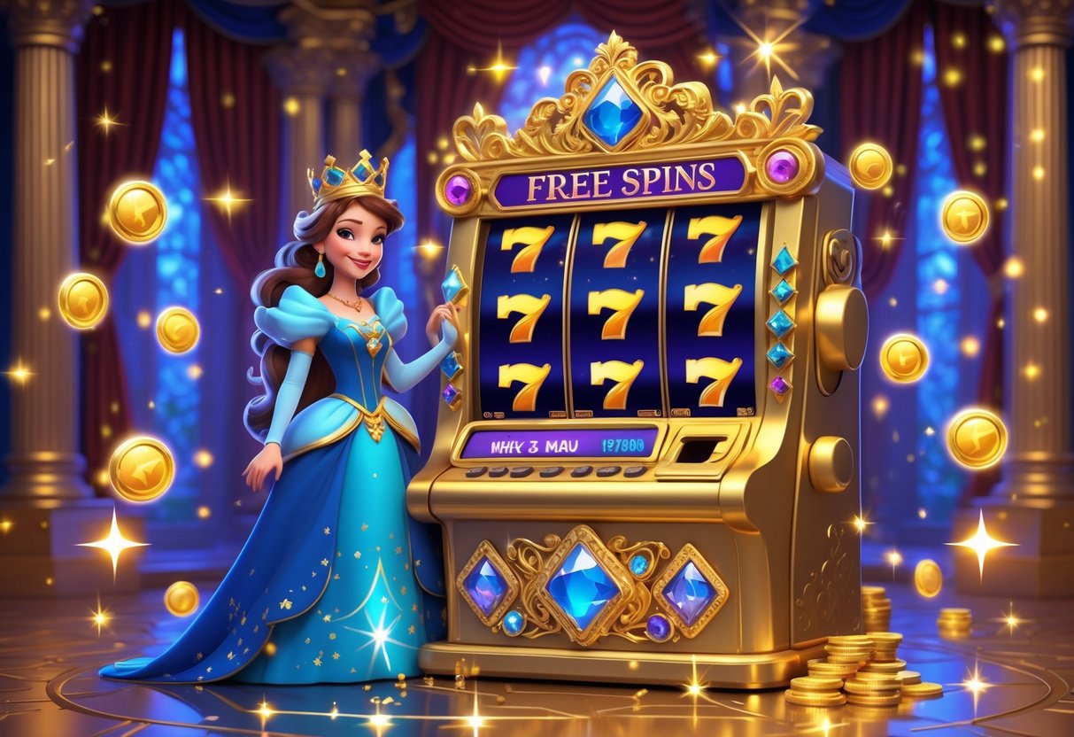 Seorang putri berdiri di samping mesin slot emas dengan simbol berkilau di dalam istana mewah.