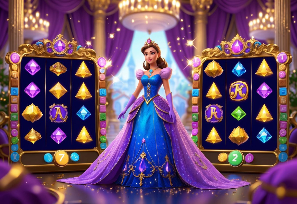 Pemandangan seorang putri di tengah mesin slot dengan latar istana megah dan simbol-simbol berwarna cerah yang melambangkan permainan slot.