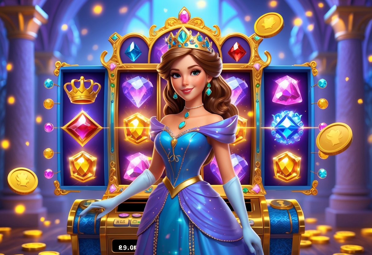 Adegan seorang putri berdiri di depan mesin slot megah dengan koin emas dan simbol berkilau di latar kastil yang bercahaya.