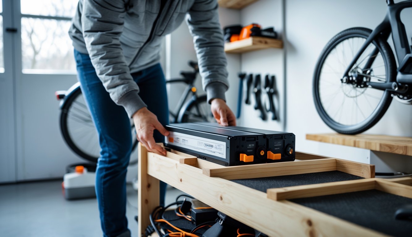 Person placing an e-bike battery on a shelf in a well-lit indoor garage for winter storage.