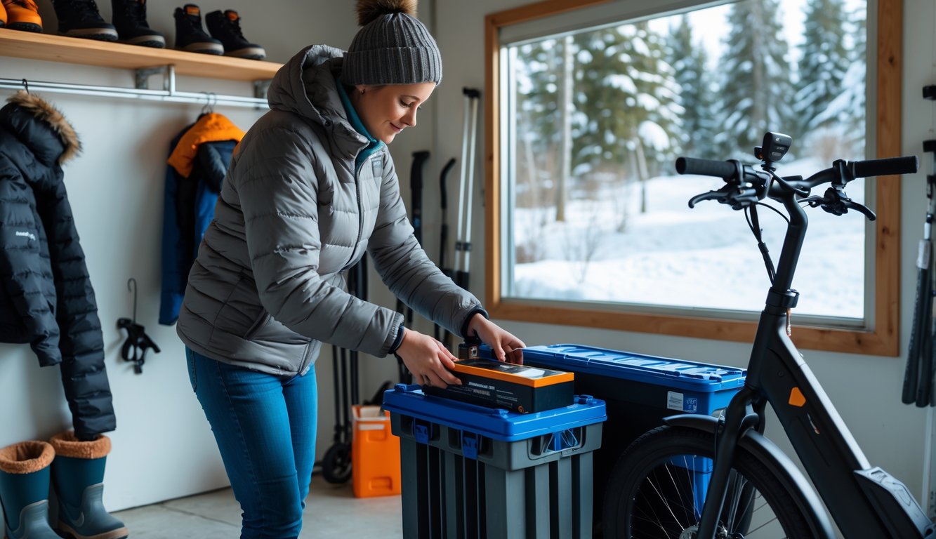 Person storing an e-bike battery indoors in a protective container with a snowy scene visible outside.