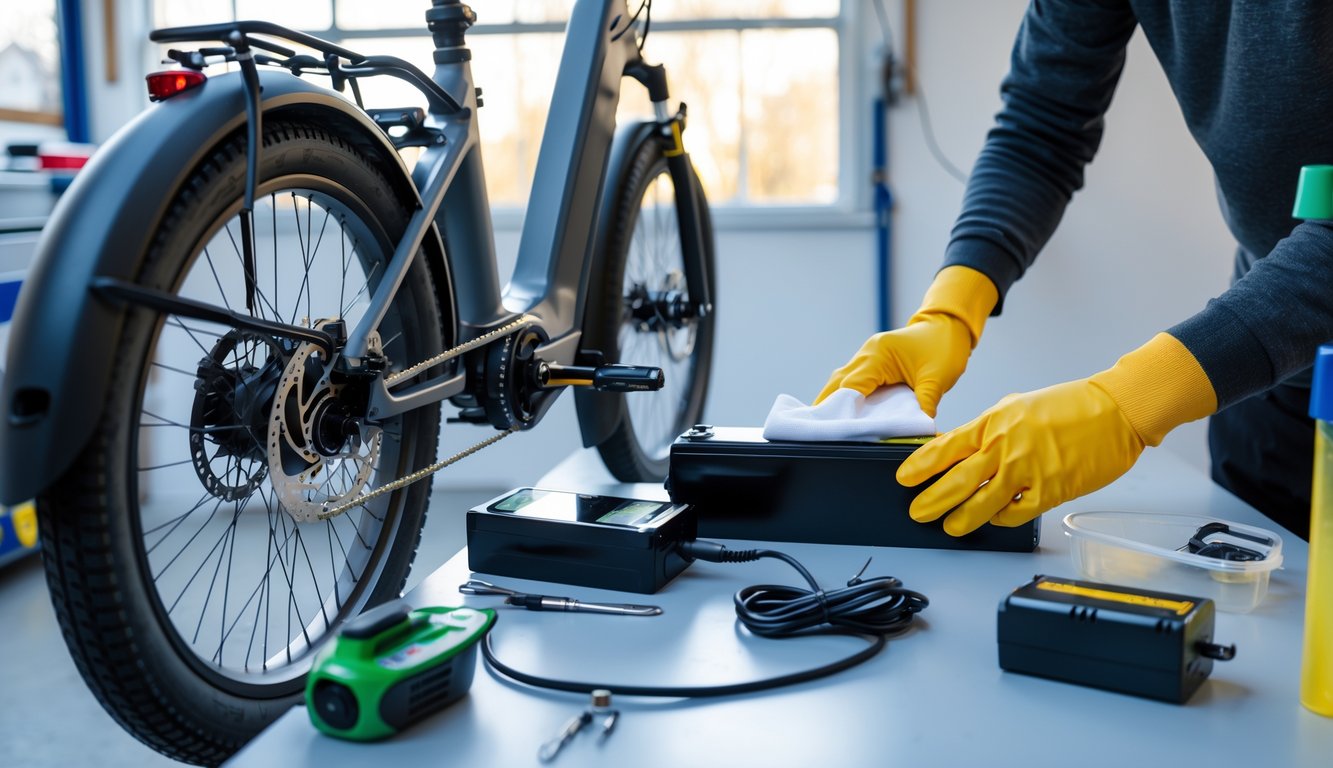 Person preparing an e-bike battery for spring in a bright garage workshop with tools on a workbench.