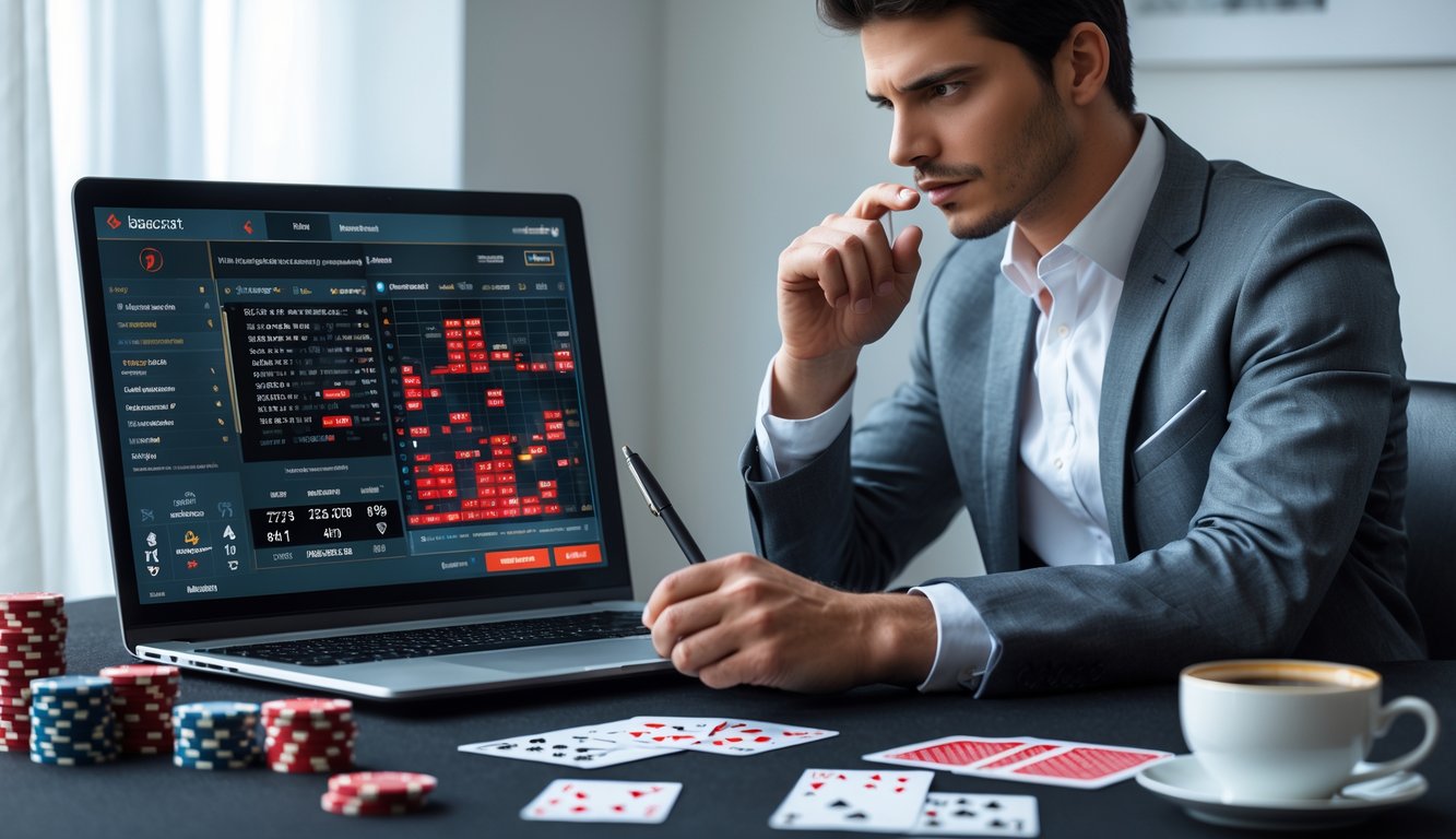 Seorang pemain muda sedang fokus menganalisis permainan baccarat online di laptop dengan kartu dan chip di meja.