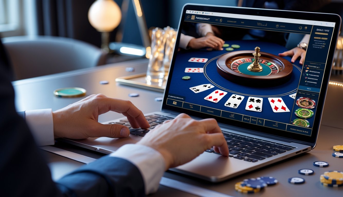 Tangan seseorang bermain baccarat online di depan layar komputer dalam suasana kasino virtual.