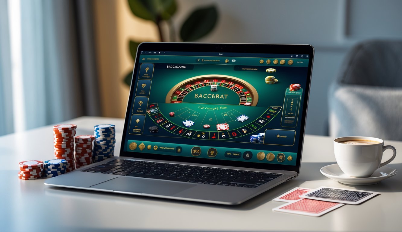 Sebuah meja dengan komputer menampilkan permainan baccarat online, dikelilingi oleh chip kasino, kartu remi, dan secangkir kopi.