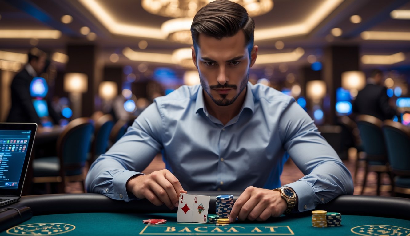 Seorang pria duduk di meja kasino bermain baccarat dengan fokus dan percaya diri.