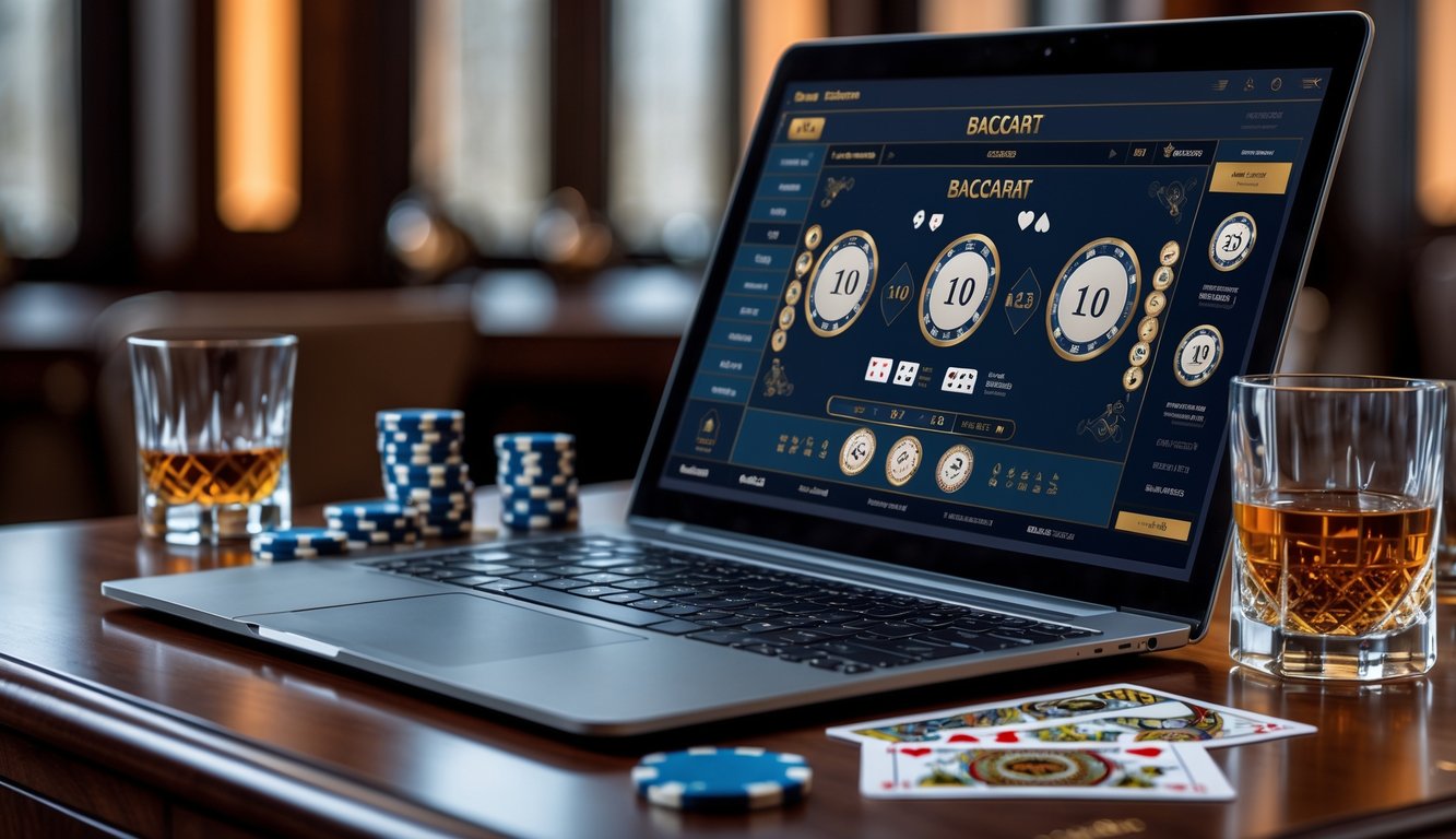 Sebuah meja dengan komputer menampilkan permainan baccarat online, dikelilingi chip kasino, kartu remi, dan gelas minuman di atas meja kayu.