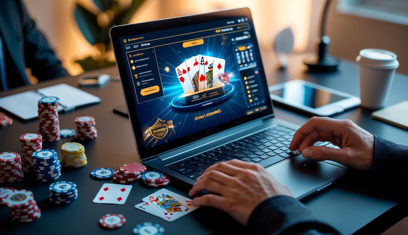 Seseorang bermain poker online di depan laptop dengan chip poker dan kartu di meja.