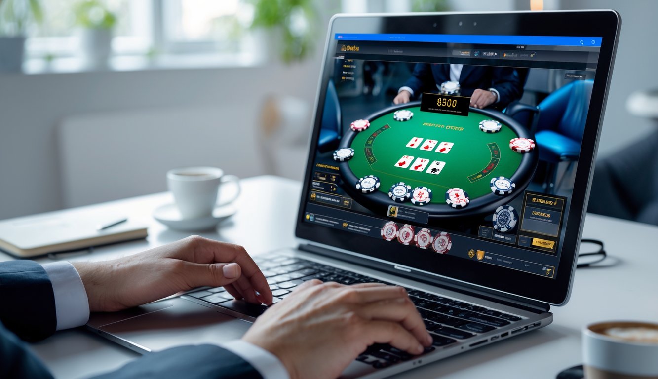 Seorang pemain poker online sedang fokus bermain di depan komputer dengan tumpukan chip poker di tangan, di ruangan yang rapi dan terang.