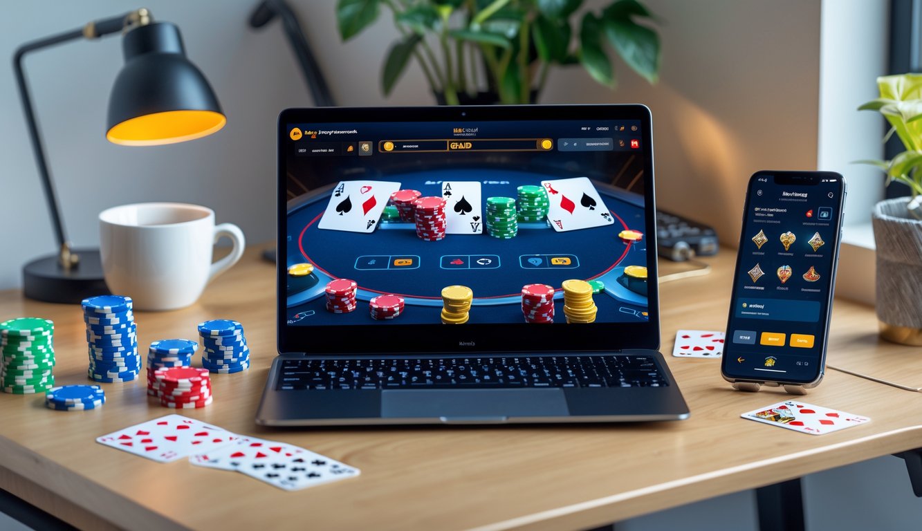 Seorang pemain poker online menggunakan laptop dengan kartu dan chip poker di atas meja yang rapi.