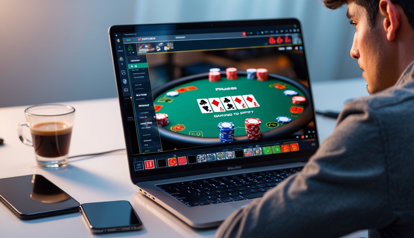 Seorang pemain muda yang fokus duduk di depan laptop dengan meja poker online terlihat di layar, di meja terdapat chip poker dan kartu, suasana tenang dan strategis.