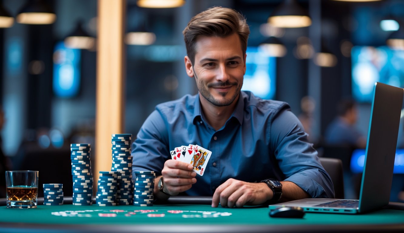 Seorang pria duduk di meja poker dengan kartu dan chip poker, tampak fokus dan percaya diri di ruangan permainan yang modern.