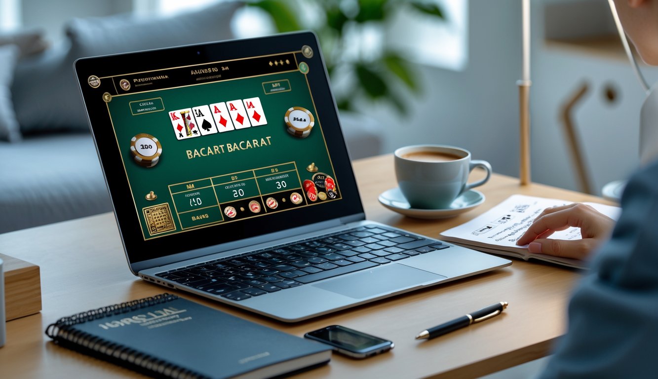Seorang pemula sedang belajar strategi baccarat online di meja kerja dengan laptop, catatan, dan chip permainan.