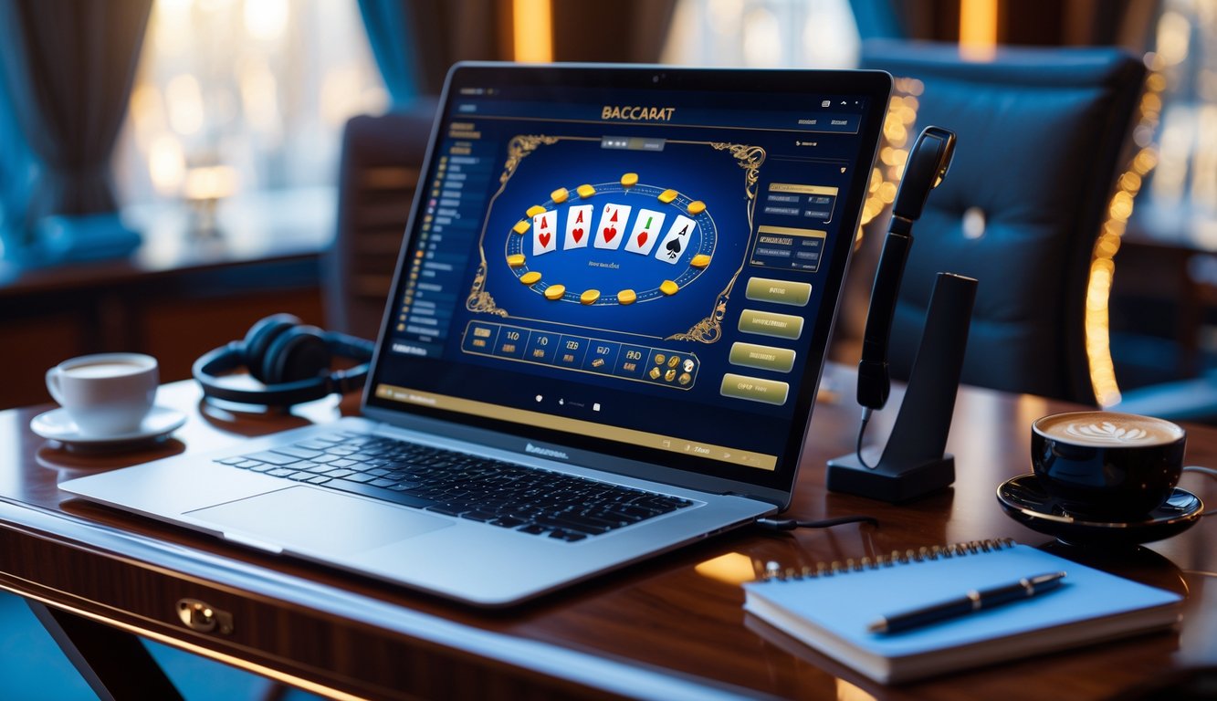 Sebuah meja dengan komputer menampilkan permainan baccarat online, dikelilingi oleh headset, cangkir kopi, dan buku catatan.