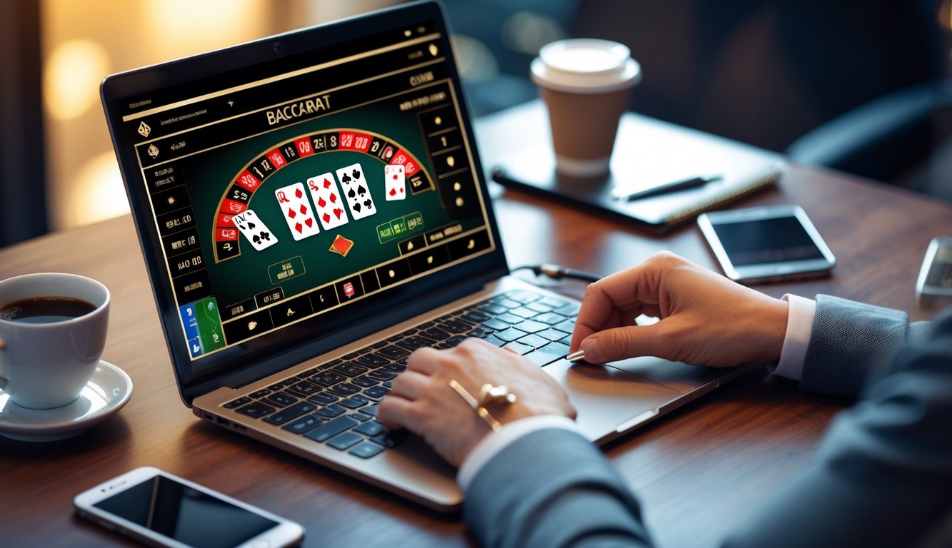Seorang pria duduk di depan laptop dengan permainan baccarat online di layar, sambil mengatur chip dan mencatat di buku catatan di atas meja kayu.