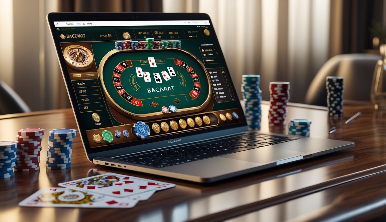 Sebuah laptop menampilkan permainan baccarat online dengan kartu dan chip kasino di atas meja kayu.
