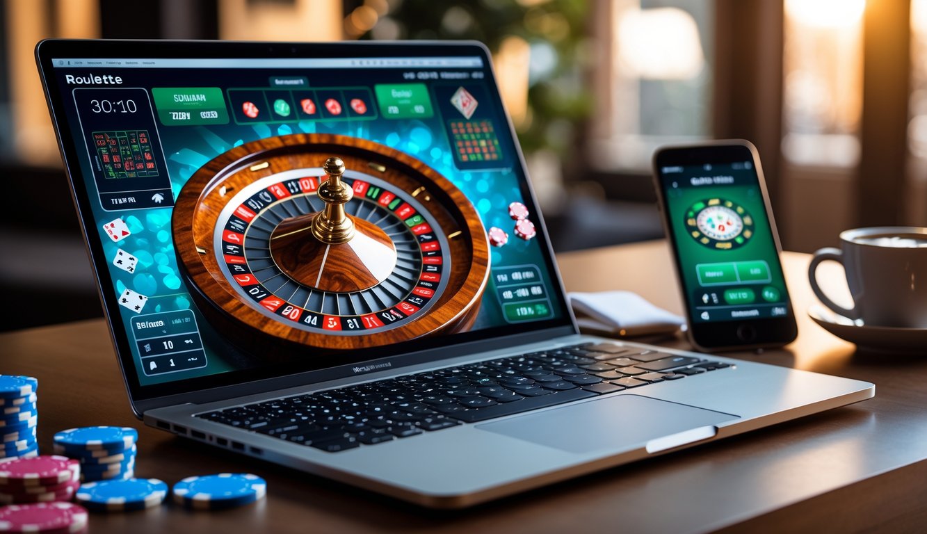 Seorang pemain sedang menggunakan laptop dengan tampilan roda roulette online, dikelilingi oleh chip poker dan ponsel di atas meja.