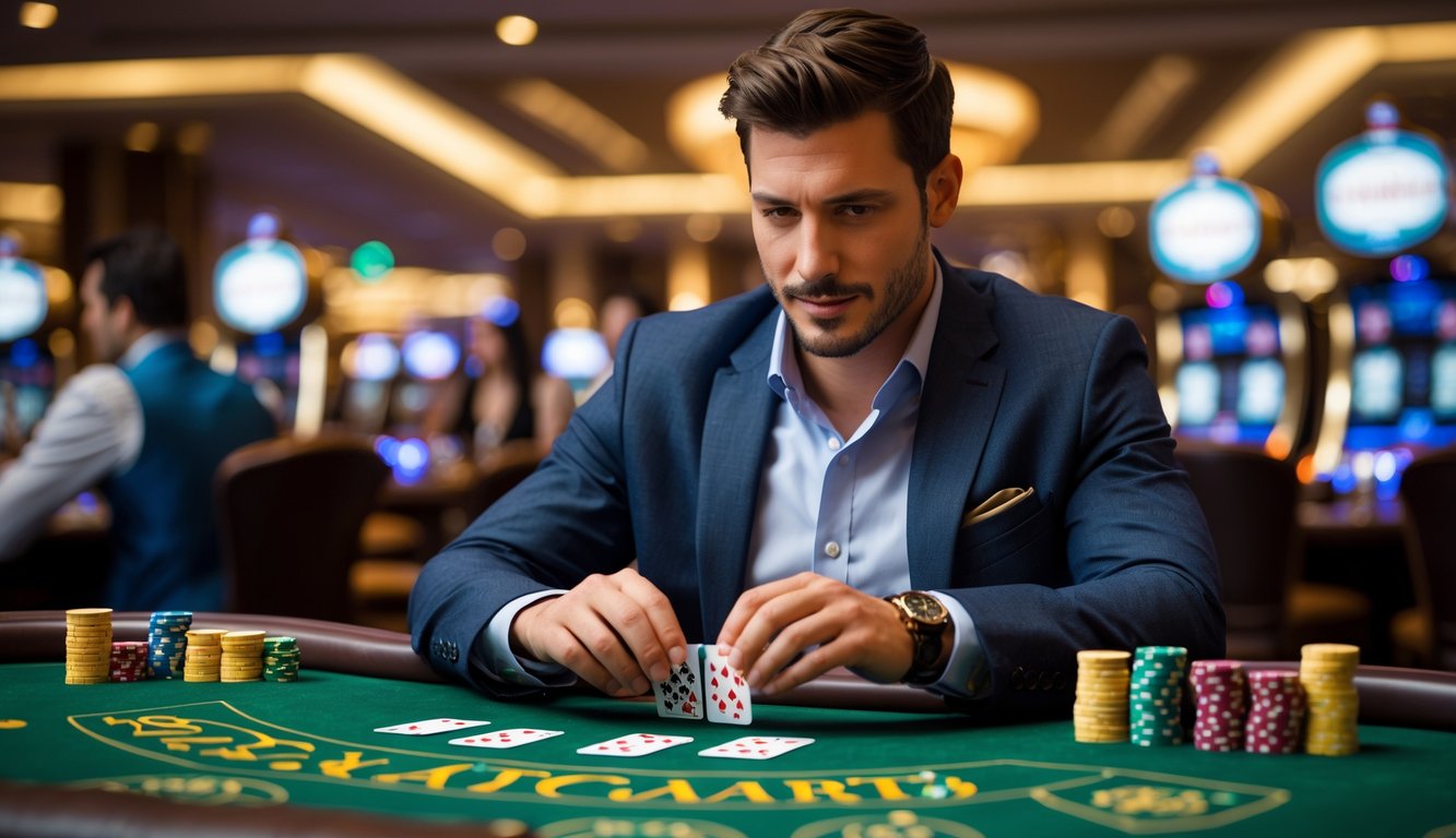 Seorang pria duduk di meja baccarat di kasino, fokus menganalisis kartu dengan chip dan kartu di meja.